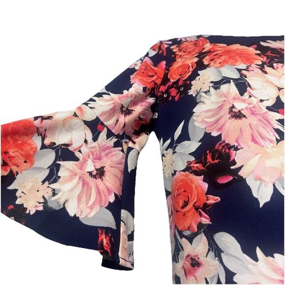 ELIZA J Navy Blue Floral Print 3/4 Bell Sleeve Cocktail Shift Dress Size 12P - Picture 3 of 7